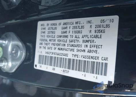 2010 Honda Accord 3.5 Ex-L из США, поврежденный, VIN 1HGCP3F87AA025482